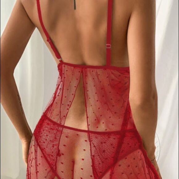 Red Lace Dot Bow Babydoll lLingerie - Picture 7 of 13